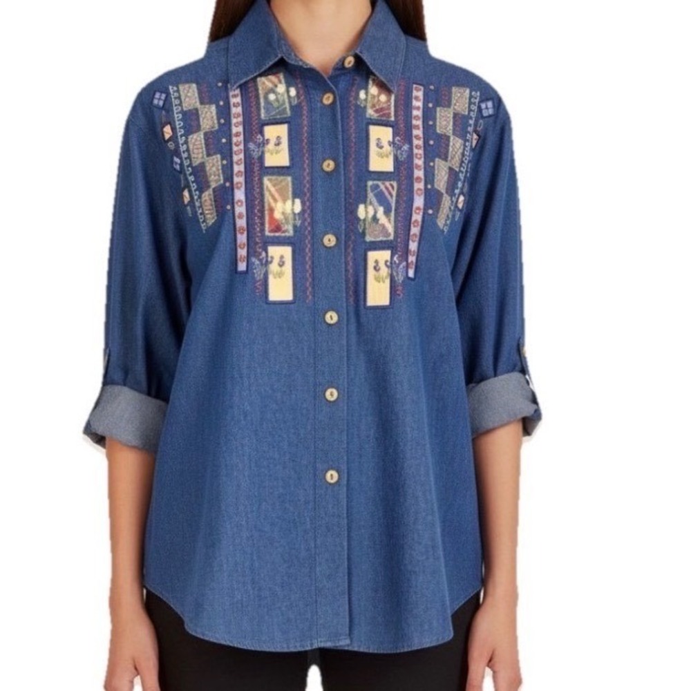 Koret City Blues Denim Shirt Women Large Blue Embroidered Button‎ Down Cotton